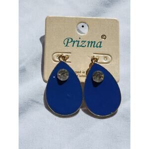 Vtg 1980's Prizma Gold Tone Blue Enamel Dangle Teardrop Earrings w Rhinestones
